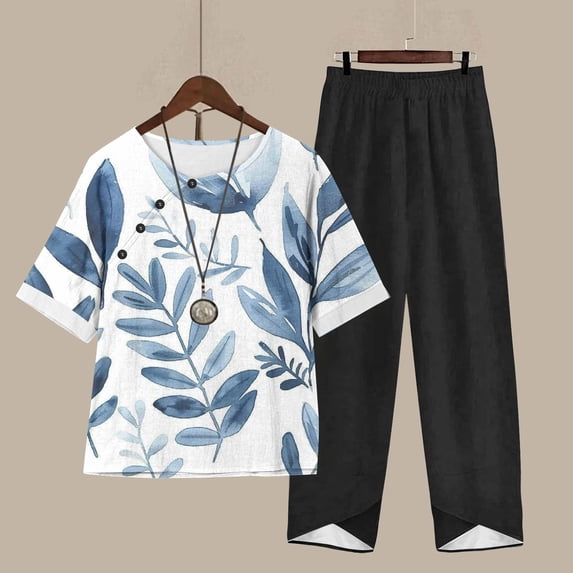 Fartey Fall Cotton Linen Sets for Women 2 Piece Lounge Sets Button Half Sleeve Shirts and Wide Leg Pant Srts Vacation Sets Comfy Loungewear 2025