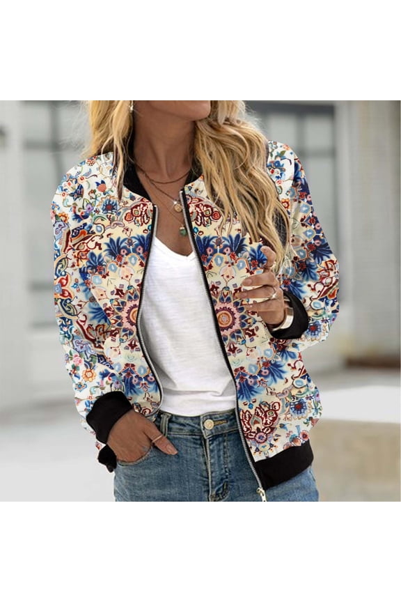 Fall Jackets for Women 2025 Fashion Zip Up Bomber Jacket Retro Floral Print Long Sleeve Coats with Pockets Loose Fit Moto Biker Outerwear S-2XL
