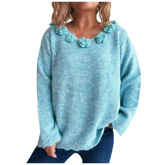 Fartey Fall Knit Sweaters for Women Fashion 3D Flower Trim V Neck Pullover Sweater Loose Casual Long Sleeve Sweaters Blue L