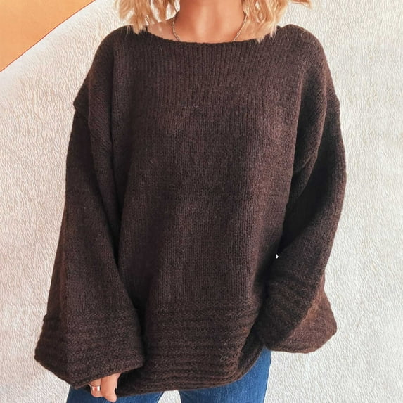 Fartey Fall Knit Sweaters for Women Solid Color Long Sleeve Sweaters Crew Neck Fuzzy Loose Fit Chunky Knit Oversized Pullover Sweater Brown L