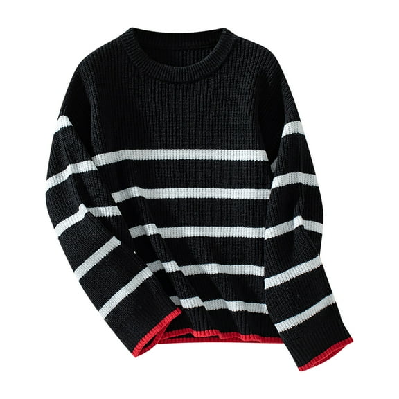 Fartey Fall Sweater for Women 2025 Fashion Striped Knit Sweater Soft Comfy Round Neck Long Sleeve Pulloses Loose Casual Basic Style Knitwear Tops Black L