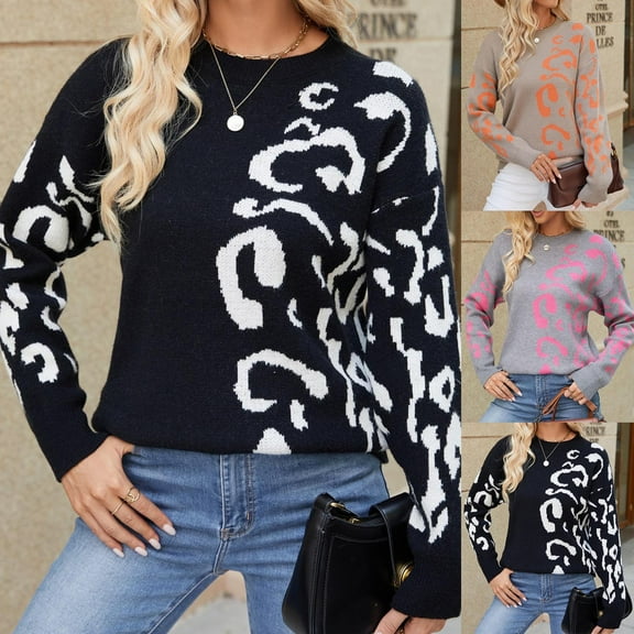 Fartey Fall Sweater for Women Trendy Graphic Knit Pullover Slim Fit Long Sleeve Crew Neck Knitted Sweaters Cozy Fall Winter Warm Jumper Tops Orange XL