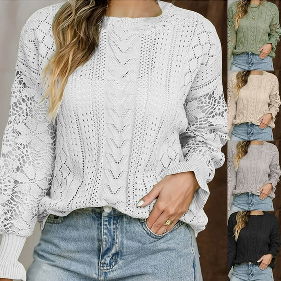 Fartey Fall Sweaters for Women Trendy Hollow Out Long Sleeve Crewneck Cable Knit Pullover Sweater Loose Fit Going Out Jumper Tops Beige S