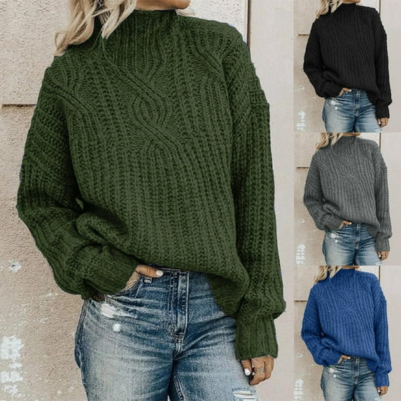 Fartey Fall Turtleneck Sweaters for Women Oversized Chunky Cable Knit Tops Loose Casual Long Sleeve Winter Pullover Sweater Gray S