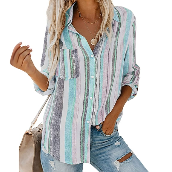 Fartey Fashin Striped Print Button Down Shirts for Women Business Casual Long Sleeve Shirt Tops Classic Lapel Office Work Blouses