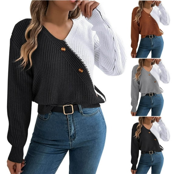 Fartey Fashion Color Block Sweater for Women Fall Winter V Neck Chunky Knit Pullover Sweaters Loose Fit Long Sleeve Drop Shoulder Sweaters Black S