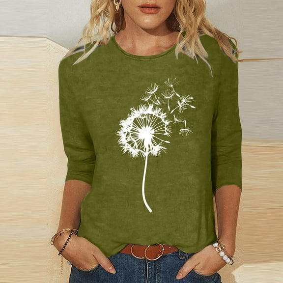 Fartey Fashion Cute Graphic Tees for Women Slim Fit 3/4 Length Sleeve Tunic Tops Soft Comfy Crew Neck Tshirts Dressy Casual Summer T Shirts 2025 Army Green 2XL