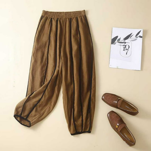Fartey Fashion Striped Cotton Linen Pants for Women Casual Comfy Elastic Waist Wide Leg Pant Summer Loose Breathable Beach Palazzo Lounge Trousers,L