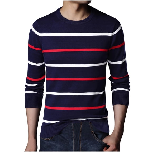 Fartey Fashion Striped Sweater for Men Dressy Casual Long Sleeve Knit Sweaters Soft Comfy Crew Neck Pullover Knitted Sweater Business Work Office Sweaters