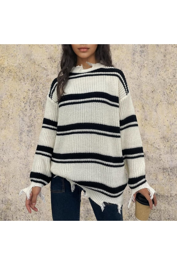 Fashion Stripes Sweaters for Women Fall Winter Ripped Knit Crew Neck Pullover Tops with Fringe Oversized Long Sleeve Drop Shoulder Sweaters