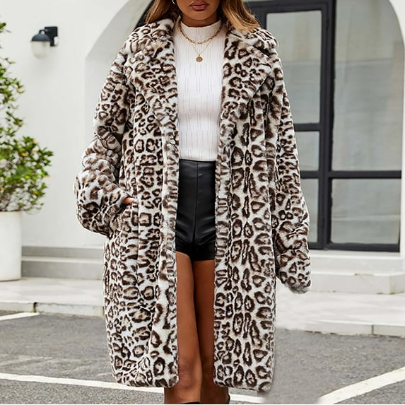 Fartey Faux Fur Long Jackets for Women Trendy Leopard Printed Trench Coats Winter Warm Fuzzy Parkas Oversized Long Sleeve Outerwear with Pockets