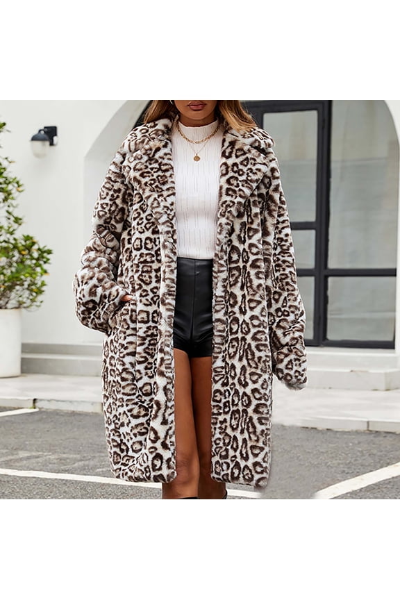 Faux Fur Long Jackets for Women Trendy Leopard Printed Trench Coats Winter Warm Fuzzy Parkas Oversized Long Sleeve Outerwear with Pockets