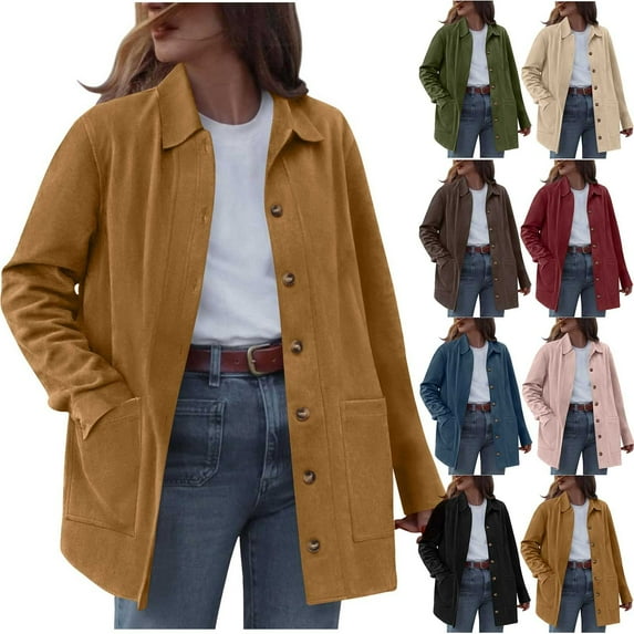 Fartey Faux Suede Jacket for Women Vintage Long Sleeve Button Up Jackets Dressy Casual Lapel Coat Oversized Solid Color Outerwear with Pockets Brown L