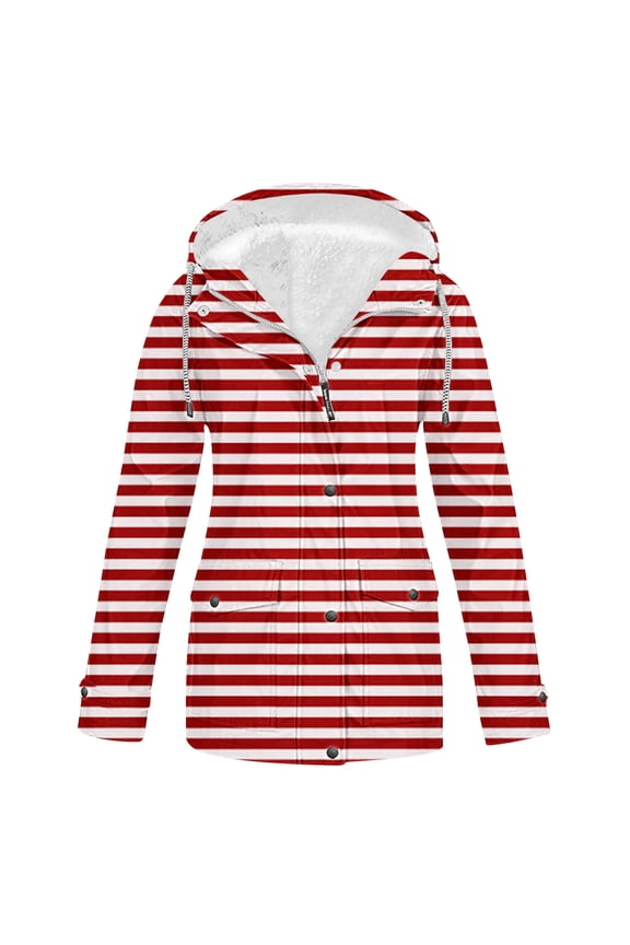 Fleece Lined Raincoat for Women Plus Size Lightweight Zip Up Rain Jacket with Hood Waterproof Outdoor Hiking Windbreaker with Pockets Red 3XL