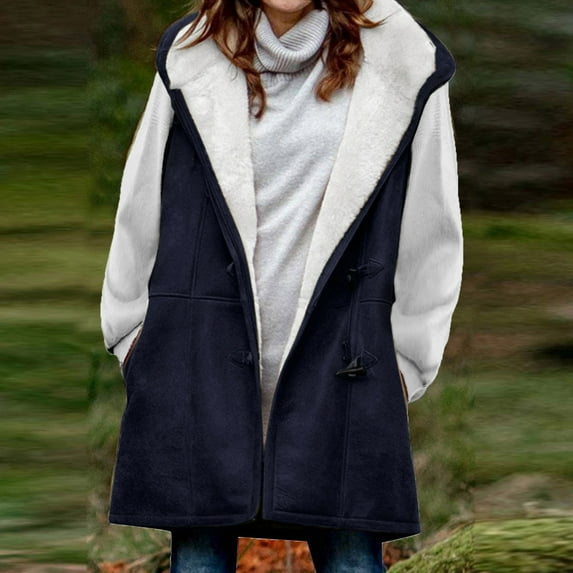 Fartey Fleece Lined Vests for Women Trendy Sleeveless Hooded Horn Button Faux Suede Jacket Long Warm Winter Vest Coat with Pockets 2XL