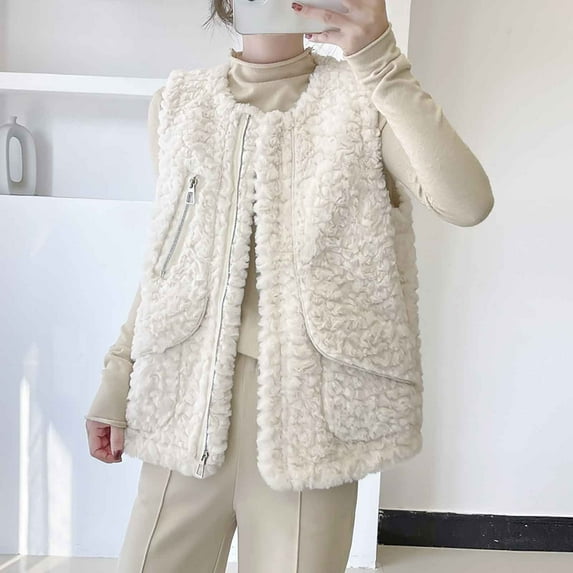Fartey Fleece Vest for Women Trendy Zip Up Sleeveless Collarless Sherpa Vests Casual Comfy Winter Warm Waistcoat with Pockets L
