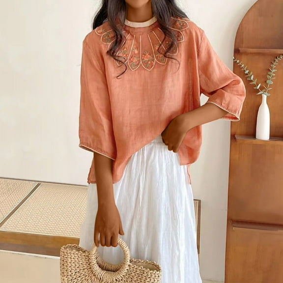 Fartey Floral Embroidered Tops for Women 2025 Summer Cotton Linen Shirts Loose Casual Half Sleeve Tshirts Lightweight Breathable Crew Neck Blouses Orange L
