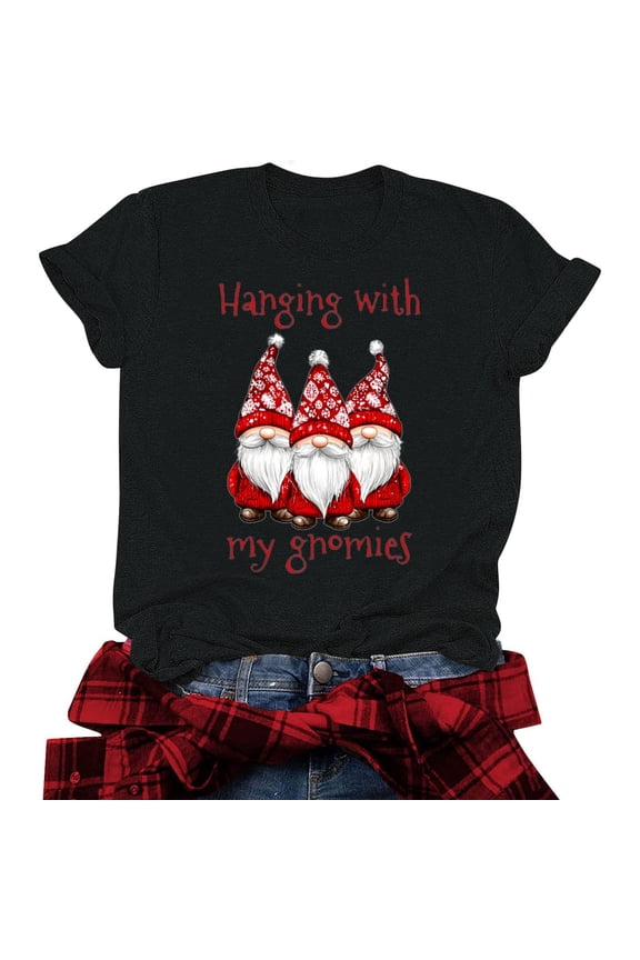 Funny Graphic Tees for Women 2025 Summer Short Sleeve Crew Neck T Shirts Fashion Christmas Gnomies Print Tops Soft Comfy Holiday Blouses Black L