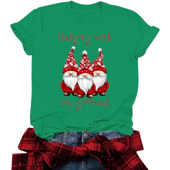 Fartey Funny Graphic Tees for Women 2025 Summer Short Sleeve Crew Neck T Shirts Fashion Christmas Gnomies Print Tops Soft Comfy Holiday Blouses Green 2XL