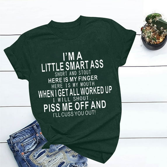 Fartey Funny Letter Print T Shirts for Women Loose Fit Summer Short Sleeve Casual Tops Soft Stretch Crew Neck Pullover Tshirt Fashion Graphic Tees Army Green M