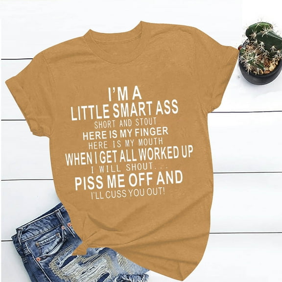 Fartey Funny Letter Print T Shirts for Women Loose Fit Summer Short Sleeve Casual Tops Soft Stretch Crew Neck Pullover Tshirt Fashion Graphic Tees Yellow M