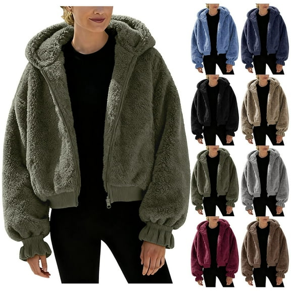 Fartey Fuzzy Fleece Jacket for Women Trendy Long Sleeve Zip Up Cropped Warm Hoodie Coat Solid Color Fall Winter Going Out Outwear with Pockets Khaki 2XL