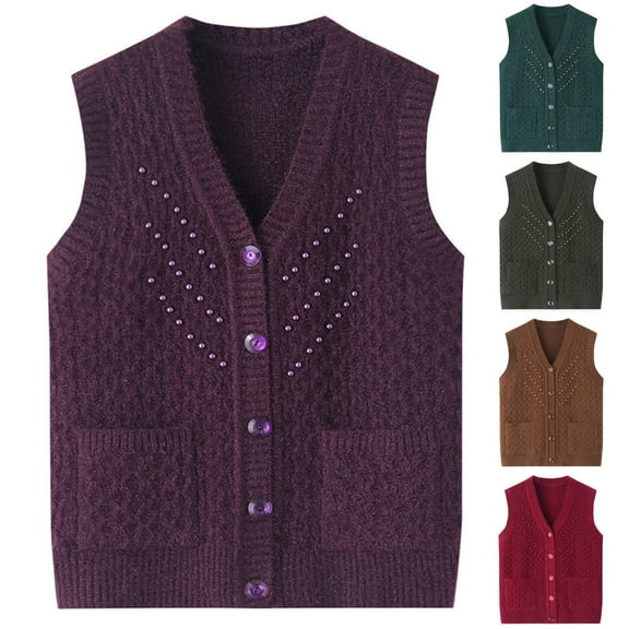 Fartey Grandma Vest Knitted Sweater Women Sleeveless V Neck Cardigan Waistcoat Loose Casual Button Up Cardigans Thicken Middle Aged Mother Sweaters with Pockets Purple Free Size