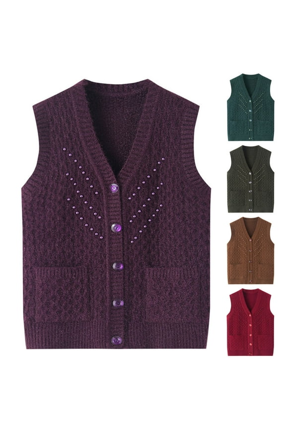 Grandma Vest Knitted Sweater Women Sleeveless V Neck Cardigan Waistcoat Loose Casual Button Up Cardigans Thicken Middle Aged Mother Sweaters with Pockets Coffee Free Size
