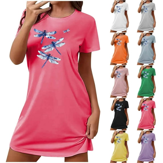 Fartey Graphic Nightgowns for Women Loose Casual Short Sleeve Sleepshirt Soft Comfy Crew Neck Night Shirt Lightweight Lounge Mini Nightdress Pink M