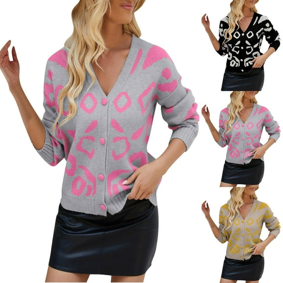 Fartey Graphic Print Cardigan Sweaters for Women Trendy Long Sleeve V Neck Open Front Dressy Casual Button Up Cardigans Cozy Fall Sweater Black L