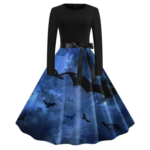 Fartey Halloween Costumes Womens 2025 Trendy Fall Long Sleeve Crew Neck Tunic Dress Funny Bat Print A-Line Dress Masquerade Dresses with Belt Halloween Party Midi Dresses
