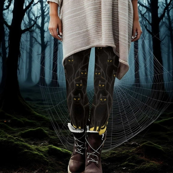 Fartey Halloween Ghost Print Leggings for Women Casual High Waisted Stretchy Yoga Pants Fall Workout Athletic Running Tights Orange L