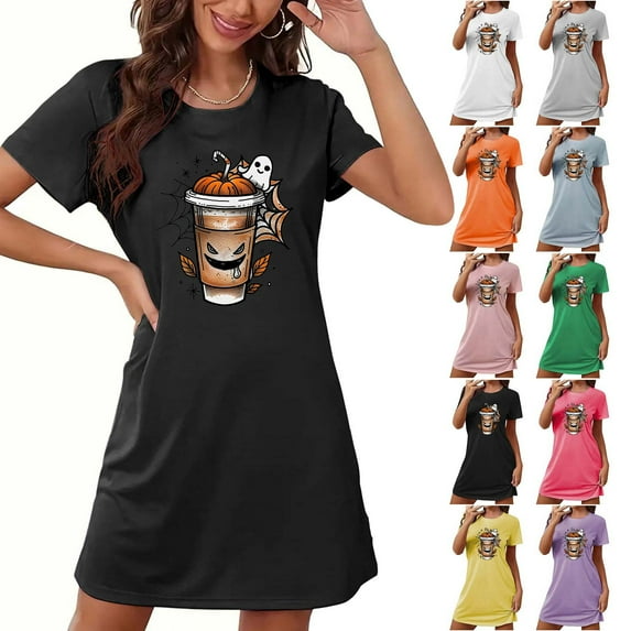 Fartey Halloween Nightgown for Women Fashion Ghost Printed Short Nightdress Loose Comfy Short Sleeve Crewneck Casual Sleepwear Black M