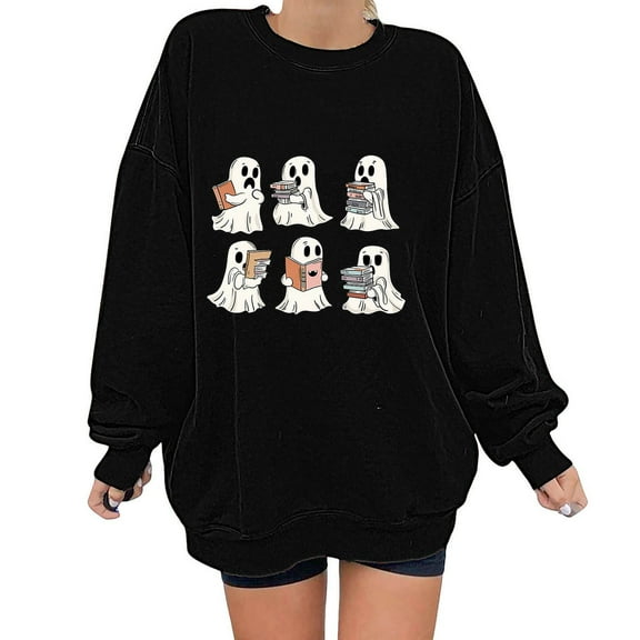 Fartey Halloween Sweatshirts for Women Oversized Crewneck Sweatshirts Cute Ghost Graphic Pullover Tops Loose Casual Fall Winter Long Sleeve Sweatshirt Black 2XL