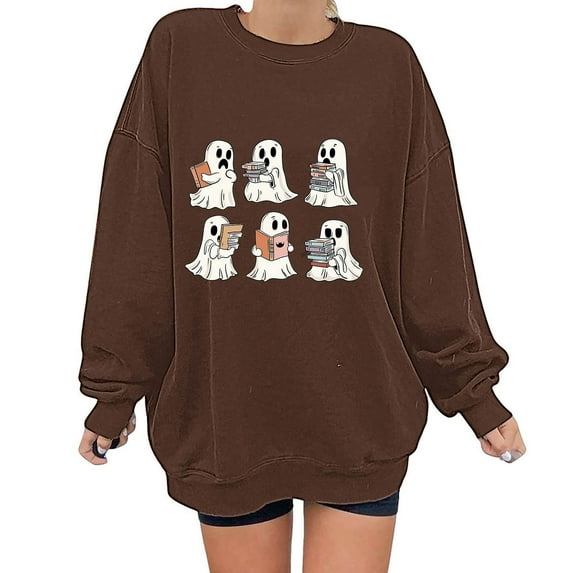 Fartey Halloween Sweatshirts for Women Oversized Crewneck Sweatshirts Cute Ghost Graphic Pullover Tops Loose Casual Fall Winter Long Sleeve Sweatshirt Brown XL