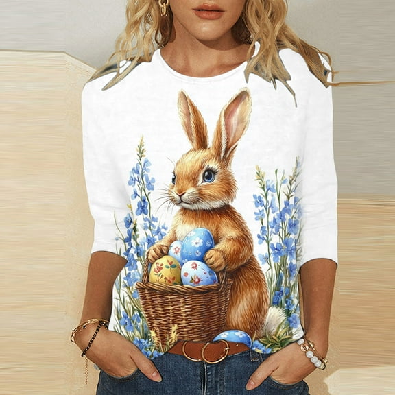 Fartey Happy Easter Day Shirts for Women Trendy Easter Eggs Bunny Graphic Tees Slim Fit 3/4 Sleeve Tunic Tops Dressy Casual Holiday Crew Neck T Shirts Multicolor S-5XL