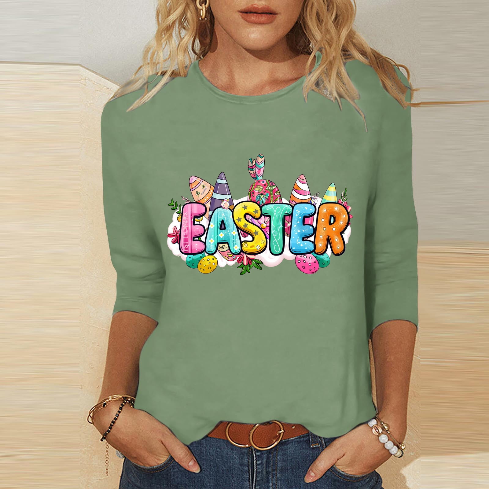 Happy Easter Shirt For Women - Cute Rabbit Graphic Tee, Green Short Sleeve Top, Medium - View #13