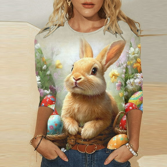Fartey Happy Easter Shirts for Women Plus Size 3/4 Sleeve Tunic Tops Soft Comfy Crew Neck Bunny Graphic Tees Slim Fit Summer Blouse Dressy Casual Holiday T Shirts Multicolor S-5XL