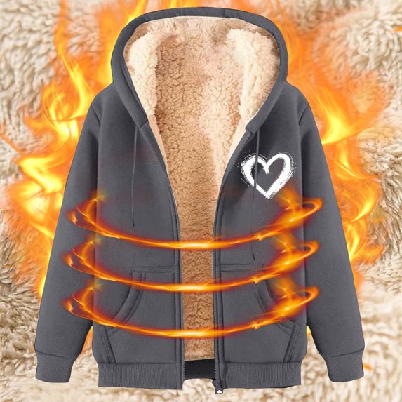 Fartey Heart Print Fleece Lined Hoodie Sweatshirts for Women Zipper Drawstring Cozy Thick Plush Jacket Winter Long Sleeve Thermal Coat with Pockets