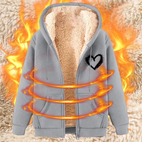 Fartey Heart Print Fleece Lined Hoodie Sweatshirts for Women Zipper Drawstring Cozy Thick Plush Jacket Winter Long Sleeve Thermal Coat with Pockets