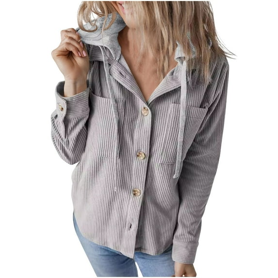Fartey Hooded Jacket for Women Dressy Casual Button Down Corduroy Jackets Loose Fit Fall Long Sleeve Pockets Outerwear with Drawstring