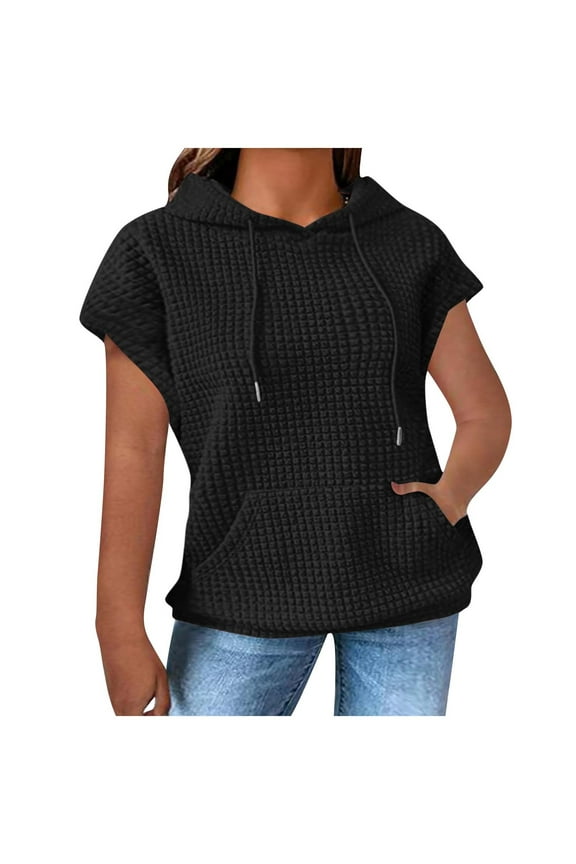 Hoodies for Women Casual Short Sleeve Drawstring Hooded Sweatshirts Lightweight Baggy Waffle Knit Pullover Tops with Kangaroo Pockets