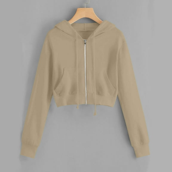 Fartey Hoodies for Women Plus Size Casual Zip Up Drawstring Cropped Hoodie Long Sleeve Short Sweatshirt Hooded Crop Jacket Tops with Pockets Khaki XXXXXL