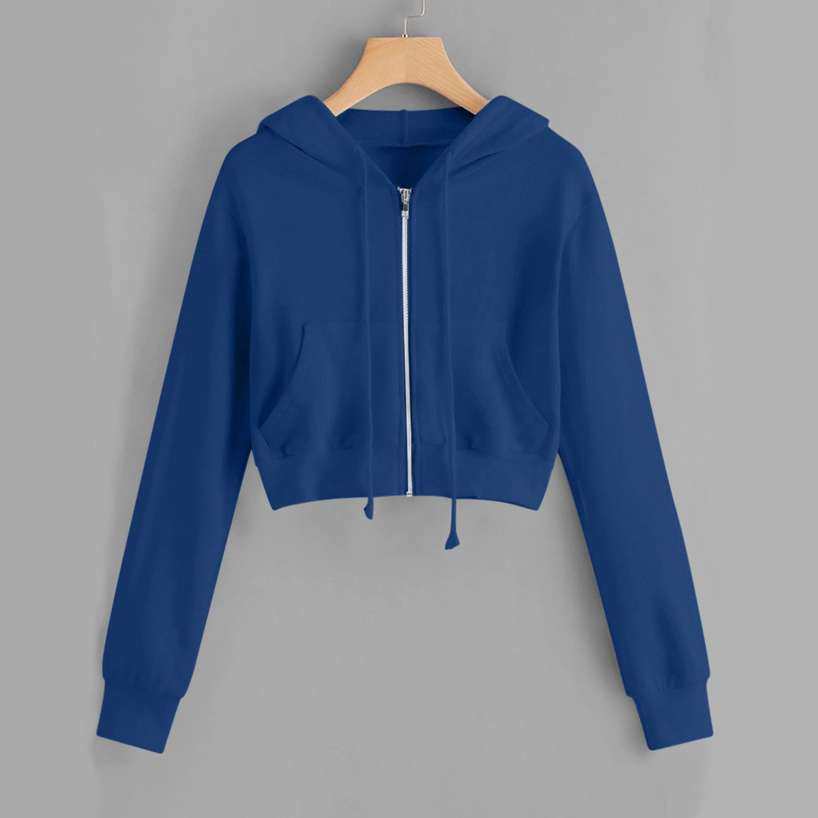 Fartey Hoodies for Women Plus Size Casual Zip Up Drawstring Cropped Hoodie Long Sleeve Short Sweatshirt Hooded Crop Jacket Tops with Pockets Blue M