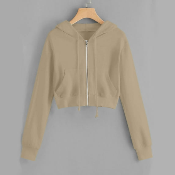 Fartey Hoodies for Women Plus Size Casual Zip Up Drawstring Cropped Hoodie Long Sleeve Short Sweatshirt Hooded Crop Jacket Tops with Pockets