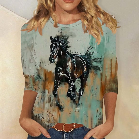 Fartey Horses Lover Shirt for Women Plus Size 3/4 Sleeve Crew Neck Tunic Tops Funny Graphic Tees Loose Fit Casual Blouses Multicolor S-5XL