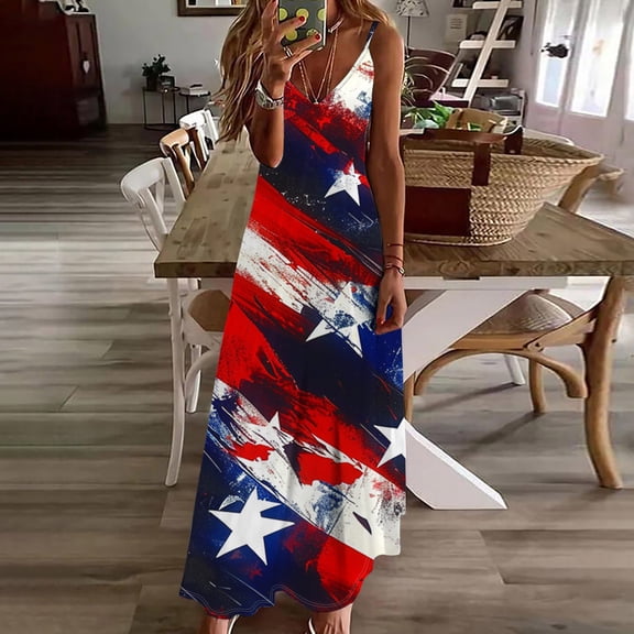 Fartey Independence Day Dresses for Women Spaghetti Strap Maxi Dress 4th of July Patriotic Long Dresses Elegant V Neck Sleeveless Dress American Flag Print Sundress Multicolor S