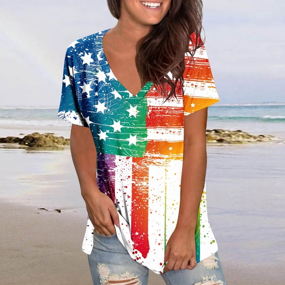 Fartey Independence Day Shirts for Women Casual Patriotic USA Flag Pattern Tshirts Loose Fit Short Sleeve Tees Dressy Casual V Neck Blouses Tops Work Blouses for Women