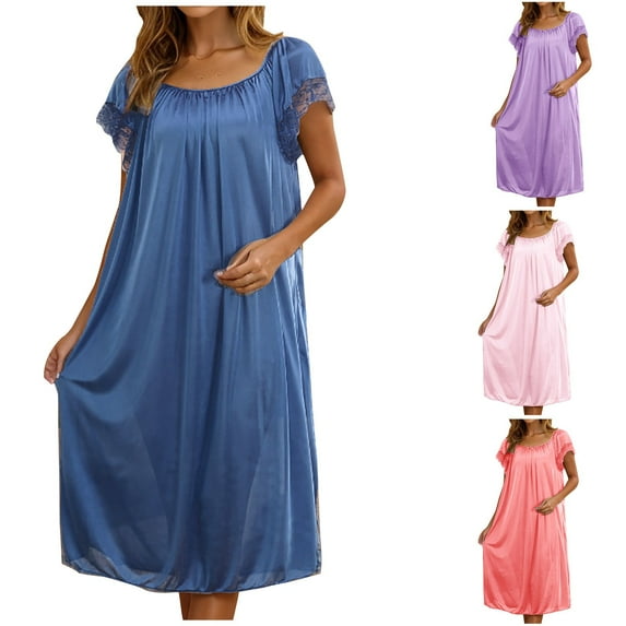 Fartey Lace Short Sleeve Nightgown for Women Soft Satin Nightshirt Loose Flowy Crew Neck Pleated Nightdress Sleepwear Loungewear Pink Free Size