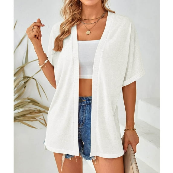 Fartey Lightweight Cardigans for Women Loose Flowy Summer Short Sleeve Cardigan Open Front Fashion Casual Solid Color Beach Tops 2025 White S-2XL